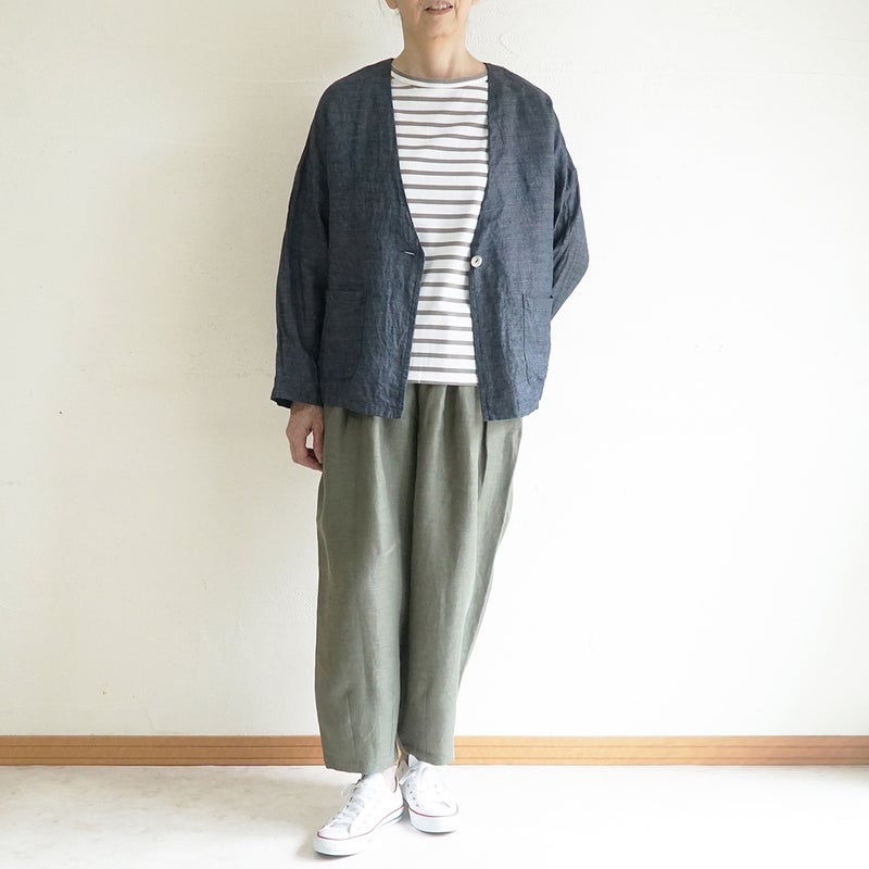 Branch m‘.,ブランチエム,ナチュラル,30代,40代,50代,60代,リネン,ゆったり,麻,ジャケット,リネンジャケット,デニム,デニムｈジャケット,リネンデニム,羽織,Vネック,Vネックジャケット,ライトアウター