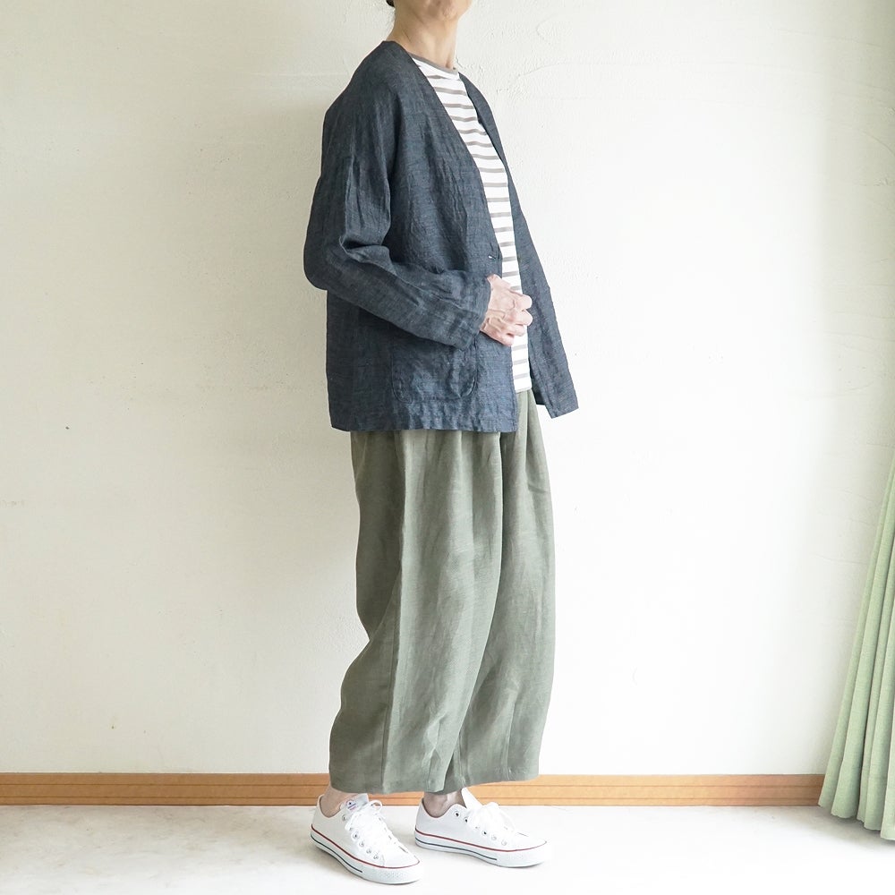 Branch m‘.,ブランチエム,ナチュラル,30代,40代,50代,60代,リネン,ゆったり,麻,ジャケット,リネンジャケット,デニム,デニムｈジャケット,リネンデニム,羽織,Vネック,Vネックジャケット,ライトアウター