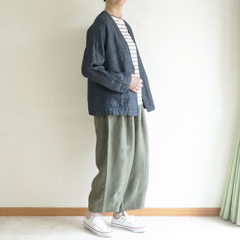 Branch m‘.,ブランチエム,ナチュラル,30代,40代,50代,60代,リネン,ゆったり,麻,ジャケット,リネンジャケット,デニム,デニムｈジャケット,リネンデニム,羽織,Vネック,Vネックジャケット,ライトアウター