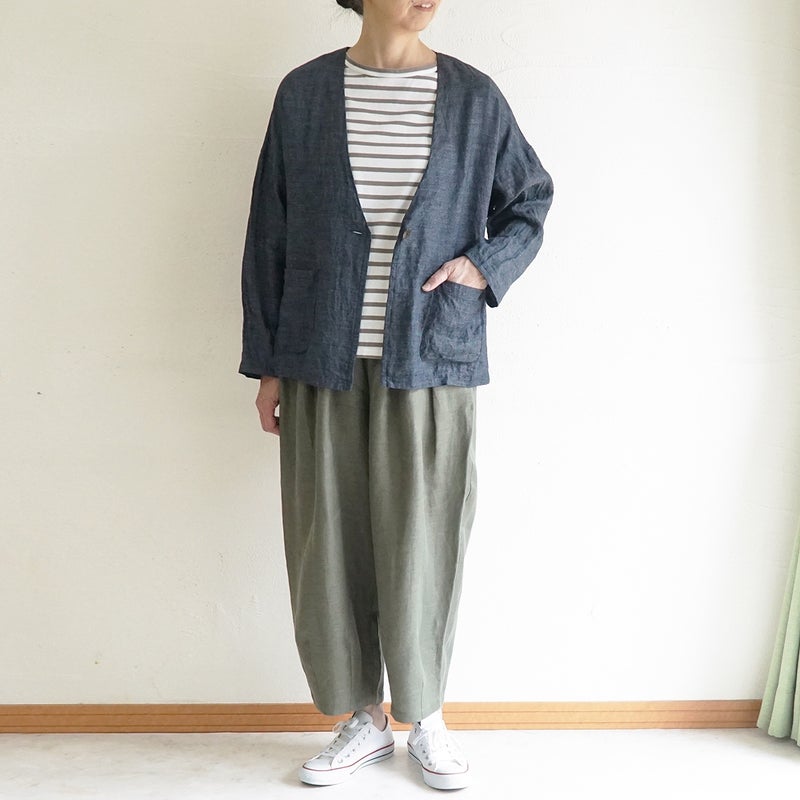 Branch m‘.,ブランチエム,ナチュラル,30代,40代,50代,60代,リネン,ゆったり,麻,ジャケット,リネンジャケット,デニム,デニムｈジャケット,リネンデニム,羽織,Vネック,Vネックジャケット,ライトアウター