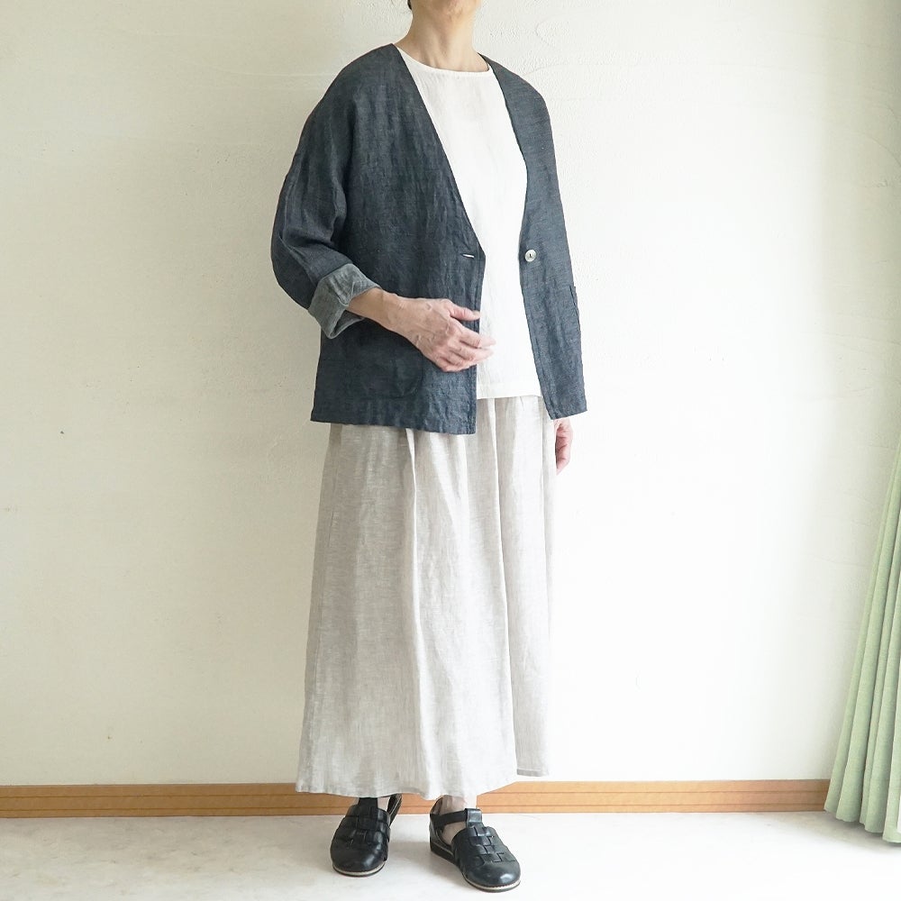 Branch m‘.,ブランチエム,ナチュラル,30代,40代,50代,60代,リネン,ゆったり,麻,ジャケット,リネンジャケット,デニム,デニムｈジャケット,リネンデニム,羽織,Vネック,Vネックジャケット,ライトアウター