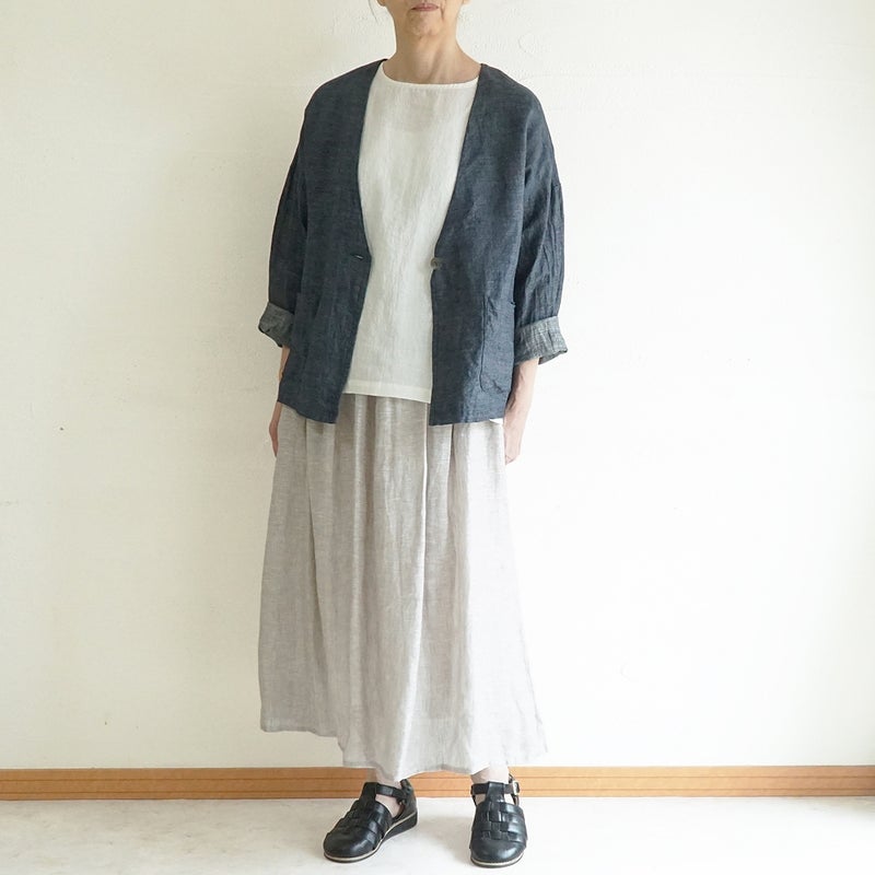 Branch m‘.,ブランチエム,ナチュラル,30代,40代,50代,60代,リネン,ゆったり,麻,ジャケット,リネンジャケット,デニム,デニムｈジャケット,リネンデニム,羽織,Vネック,Vネックジャケット,ライトアウター