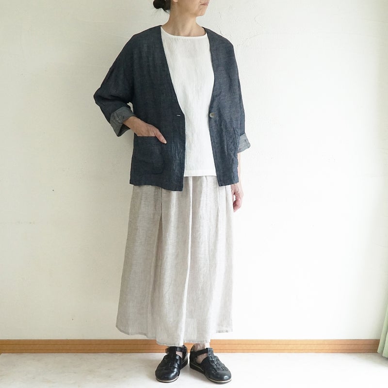 Branch m‘.,ブランチエム,ナチュラル,30代,40代,50代,60代,リネン,ゆったり,麻,ジャケット,リネンジャケット,デニム,デニムｈジャケット,リネンデニム,羽織,Vネック,Vネックジャケット,ライトアウター