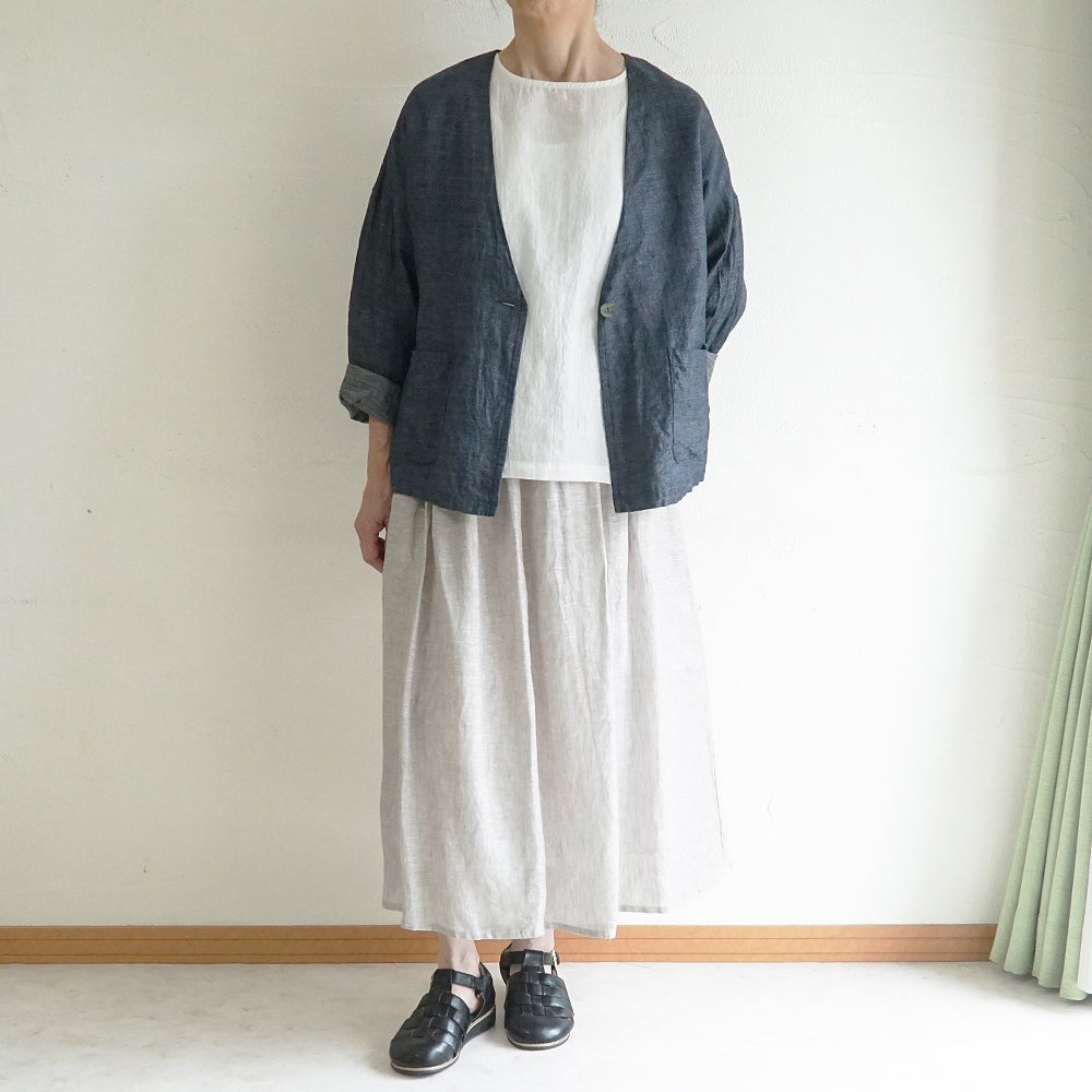 Branch m‘.,ブランチエム,ナチュラル,30代,40代,50代,60代,リネン,ゆったり,麻,ジャケット,リネンジャケット,デニム,デニムｈジャケット,リネンデニム,羽織,Vネック,Vネックジャケット,ライトアウター