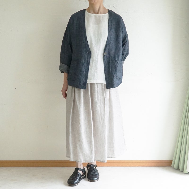 Branch m‘.,ブランチエム,ナチュラル,30代,40代,50代,60代,リネン,ゆったり,麻,ジャケット,リネンジャケット,デニム,デニムｈジャケット,リネンデニム,羽織,Vネック,Vネックジャケット,ライトアウター