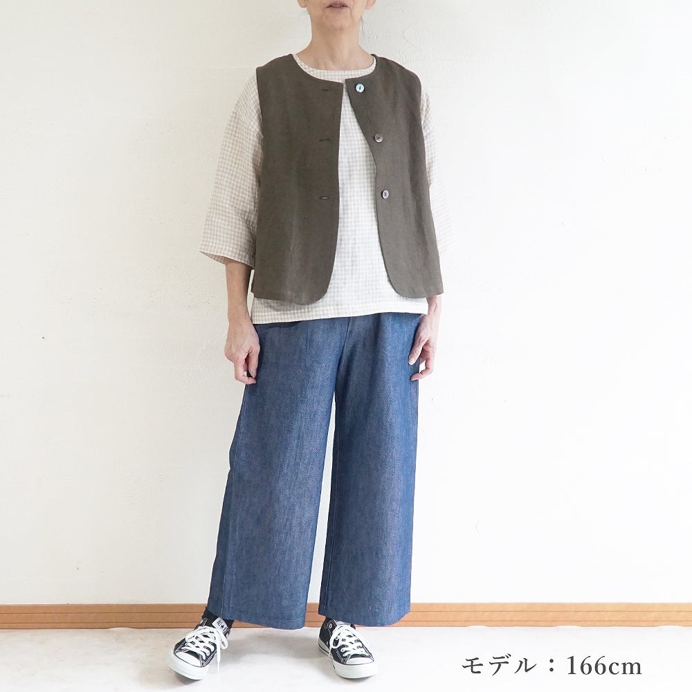 Branch m‘.,ブランチエム,ナチュラル,30代,40代,50代,60代,コーデセット,コーディネートセット,セット売り,ゆったり,リネン,ベスト,リネンベスト,2wayベスト,デニム,デニムパンツ,ストレートパンツ,ベイカーパンツ,パンツ,