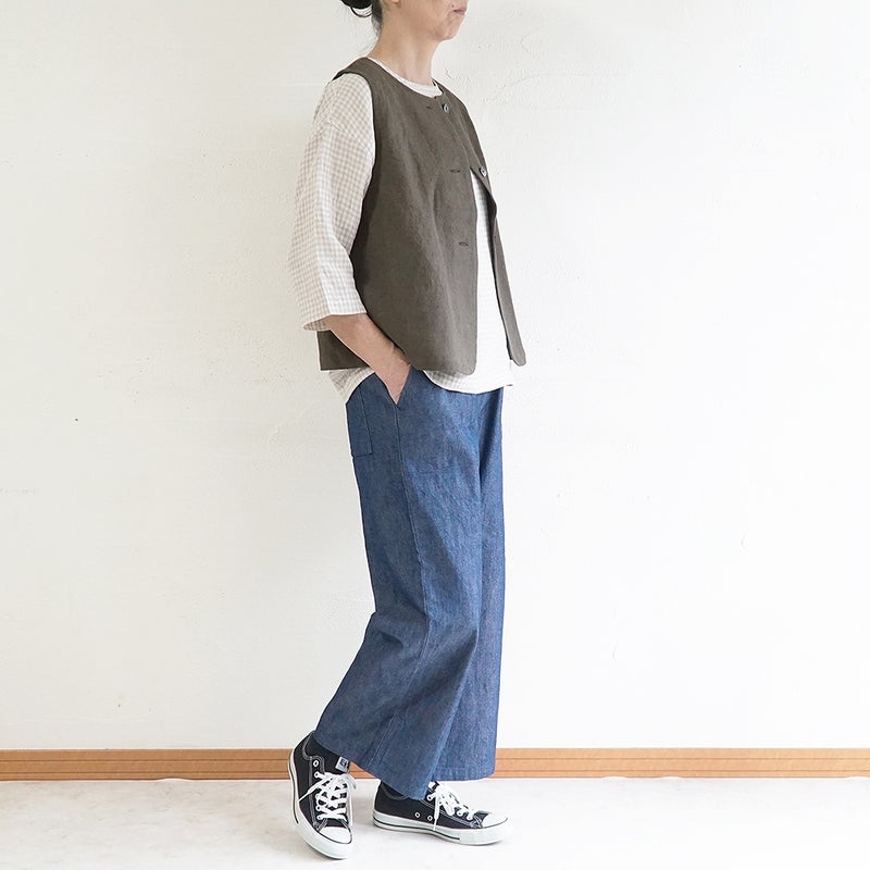 Branch m‘.,ブランチエム,ナチュラル,30代,40代,50代,60代,コーデセット,コーディネートセット,セット売り,ゆったり,リネン,ベスト,リネンベスト,2wayベスト,デニム,デニムパンツ,ストレートパンツ,ベイカーパンツ,パンツ,