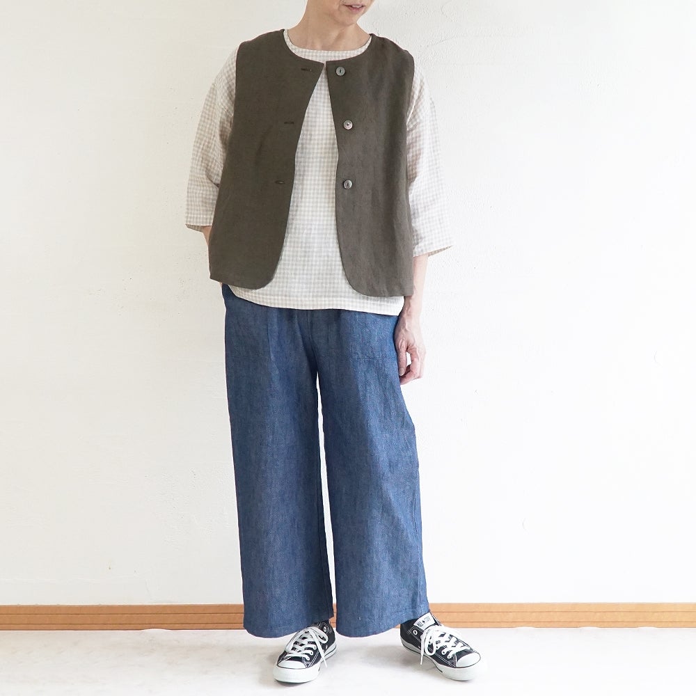 Branch m‘.,ブランチエム,ナチュラル,30代,40代,50代,60代,コーデセット,コーディネートセット,セット売り,ゆったり,リネン,ベスト,リネンベスト,2wayベスト,デニム,デニムパンツ,ストレートパンツ,ベイカーパンツ,パンツ,