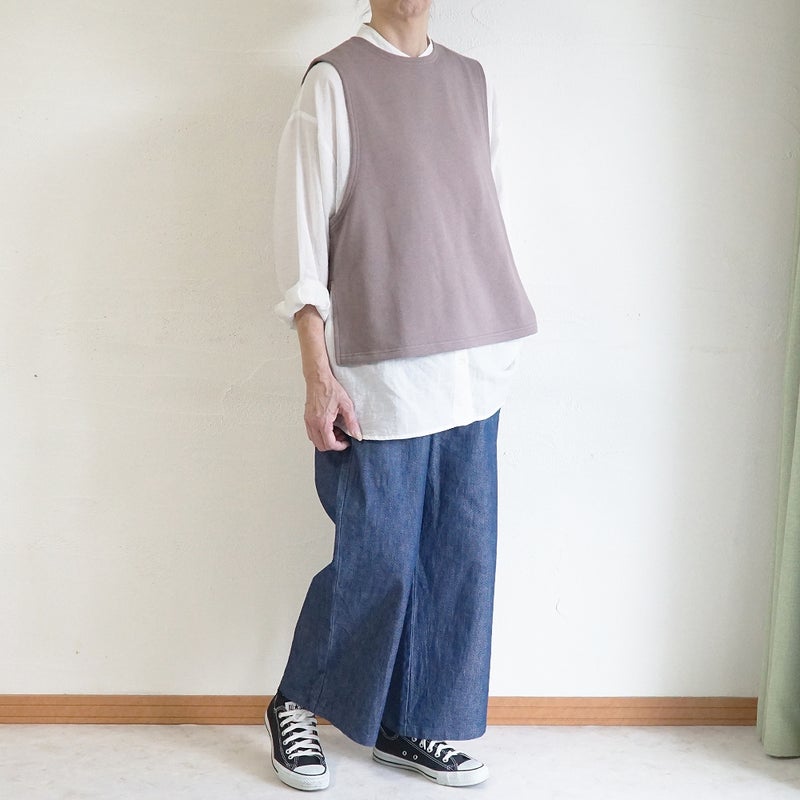 Branch m‘.,ブランチエム,ナチュラル,30代,40代,50代,60代,コットン,ゆったり,綿,裏毛,裏毛ベスト,ベスト,レイヤード,重ね着,体温調節,