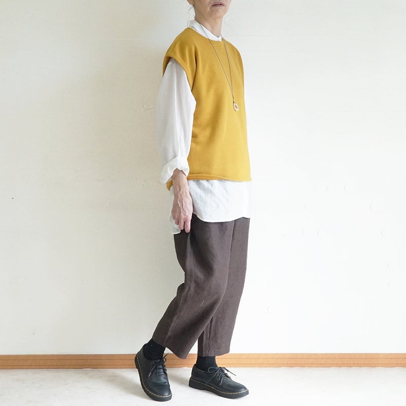 Branch m‘.,ブランチエム,ナチュラル,30代,40代,50代,60代,コットン,ゆったり,綿,裏毛,裏毛ベスト,ベスト,レイヤード,重ね着,体温調節,